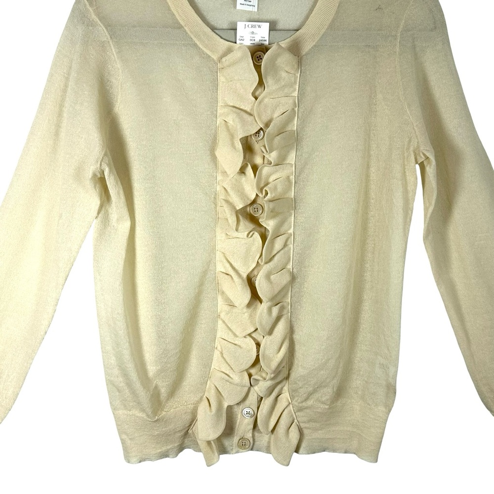 J. Crew NWT Semi-Sheer Ruffle Front Button Up Neck Cardigan Sweater Size Large - Picture 3 of 11